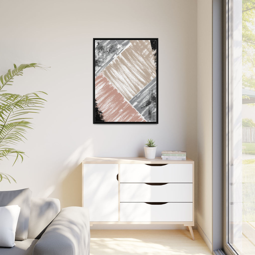 Abstract Brushstroke Framed Canvas Print — Neutral Blush & Gray Modern Wall Art