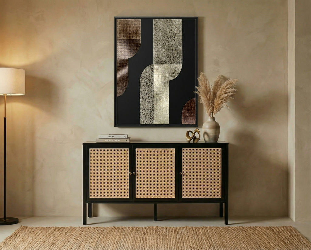 Modern Abstract Geometric Wall Art – Textured Neutral Arches on Black Canvas