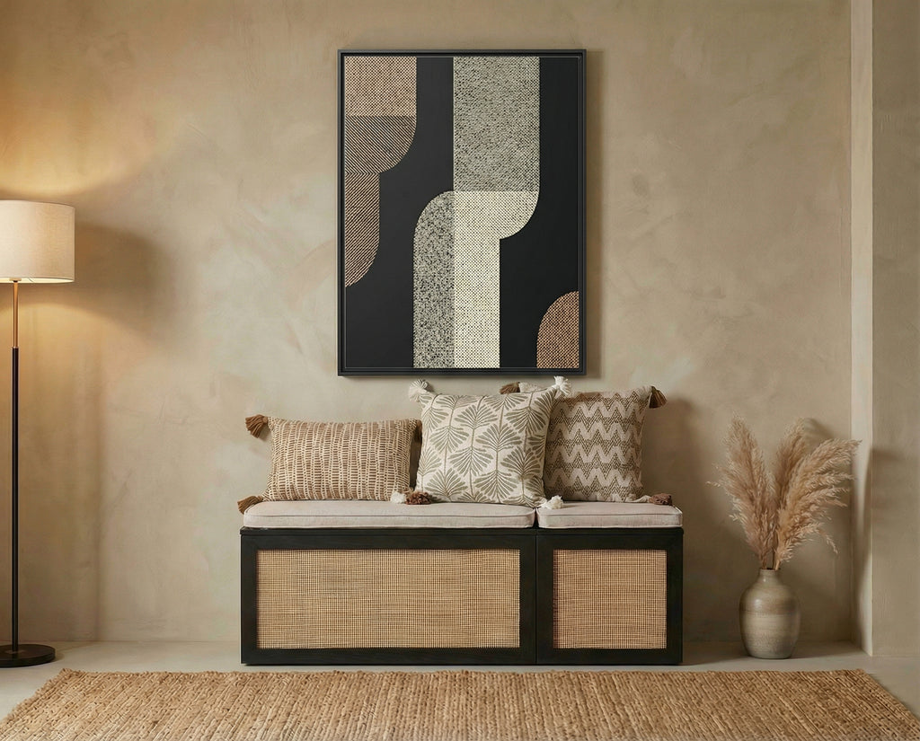 Modern Abstract Geometric Wall Art – Textured Neutral Arches on Black Canvas